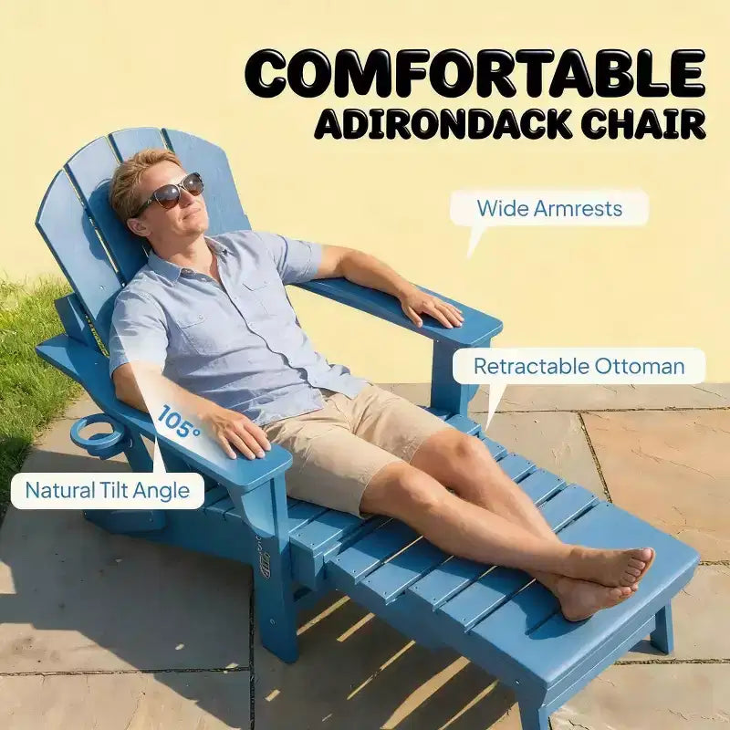 Ensemble de 2 chaises Adirondack pliantes avec repose-pieds escamotable, confort surdimensionné, porte-gobelet, sièges de terrasse extérieure en PEHD résistants aux intempéries - Panipeachy