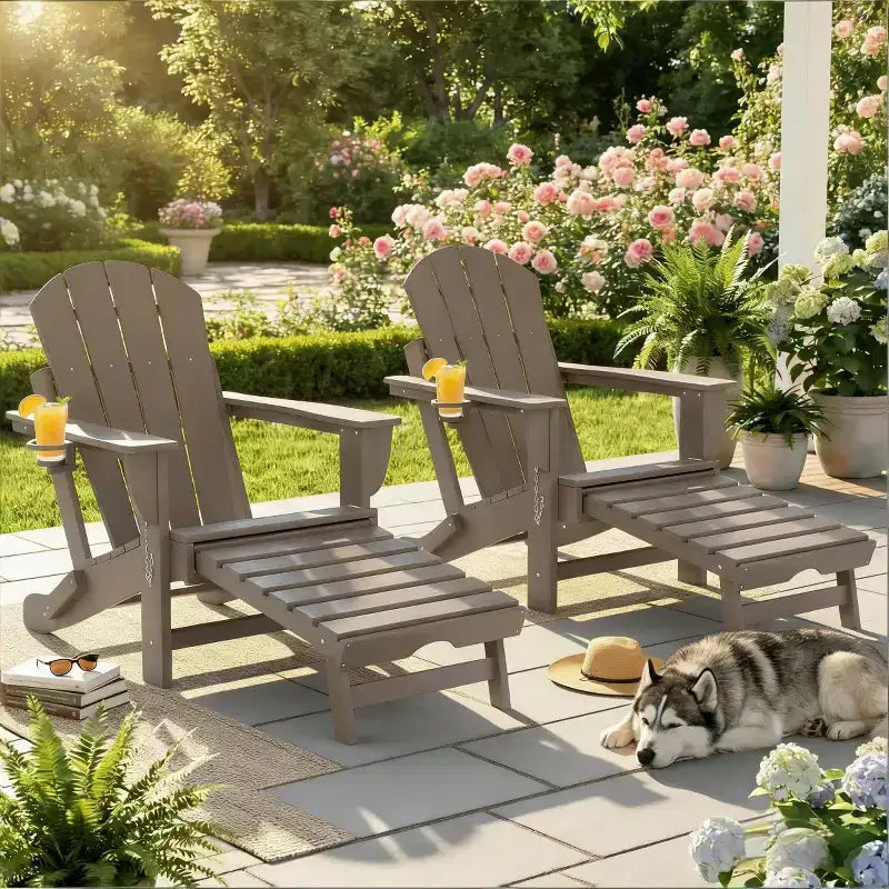 Ensemble de 2 chaises Adirondack pliantes avec repose-pieds escamotable, confort surdimensionné, porte-gobelet, sièges de terrasse extérieure en PEHD résistants aux intempéries - Panipeachy