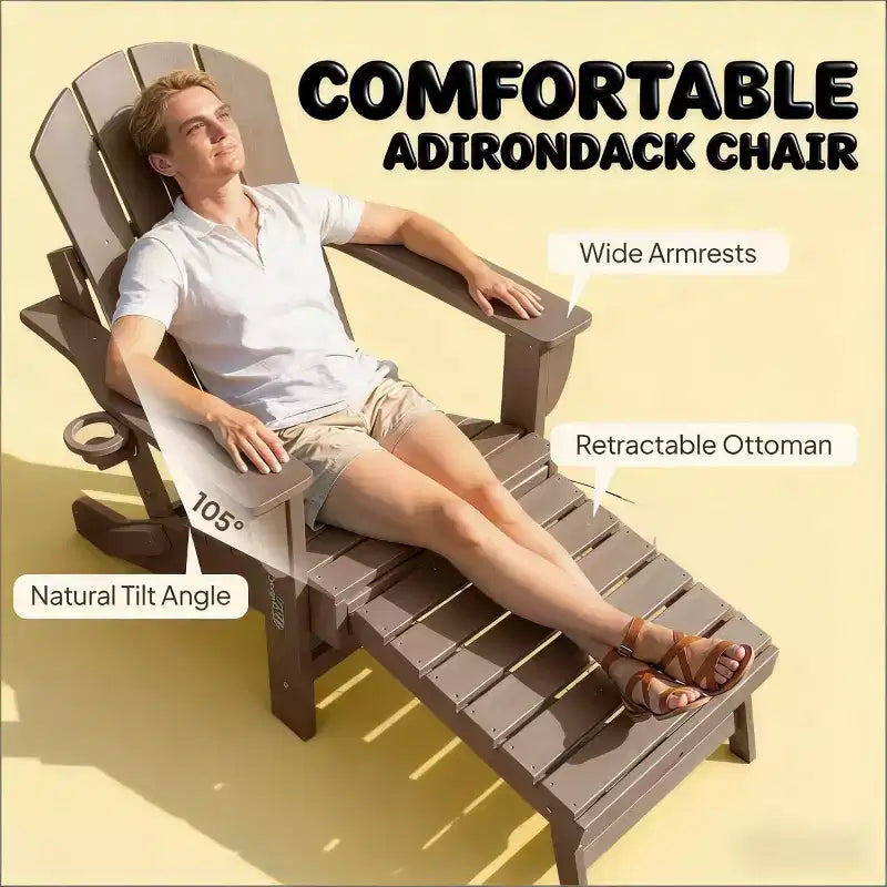 Ensemble de 2 chaises Adirondack pliantes avec repose-pieds escamotable, confort surdimensionné, porte-gobelet, sièges de terrasse extérieure en PEHD résistants aux intempéries - Panipeachy