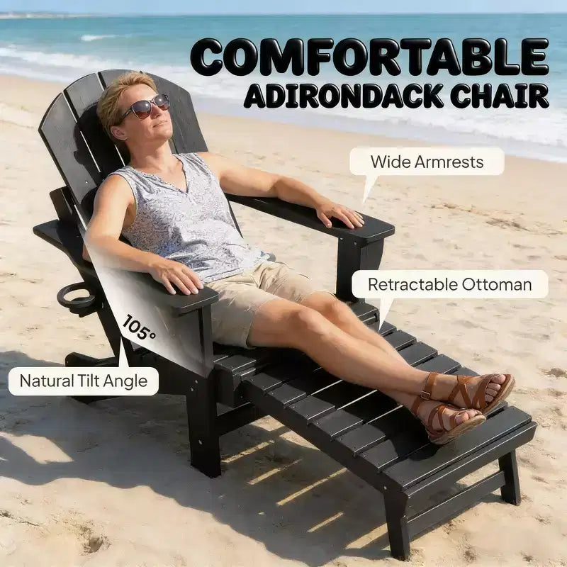 Ensemble de 2 chaises Adirondack pliantes avec repose-pieds escamotable, confort surdimensionné, porte-gobelet, sièges de terrasse extérieure en PEHD résistants aux intempéries - Panipeachy