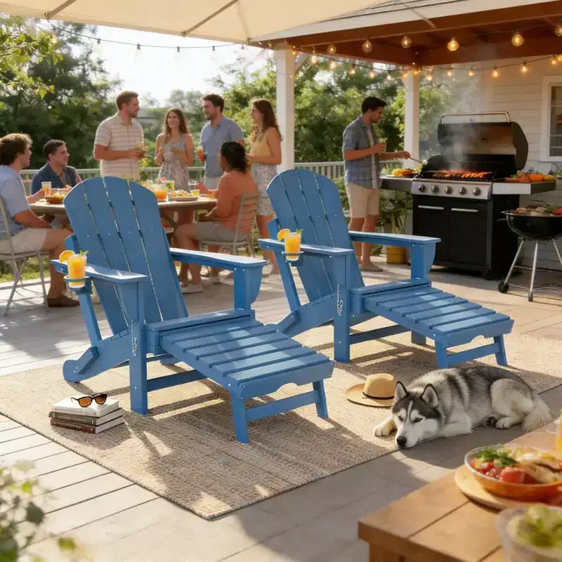 Ensemble de 2 chaises Adirondack pliantes avec repose-pieds escamotable, confort surdimensionné, porte-gobelet, sièges de terrasse extérieure en PEHD résistants aux intempéries - Panipeachy