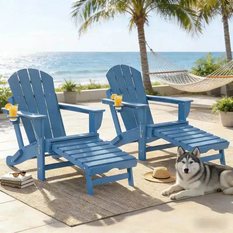 Set of 2 Folding Adirondack Fire Pit Chairs with Hidden Footrest, Oversized Comfort, Cup Holder, All-Weather HDPE Outdoor Patio Seating-Panipeachy