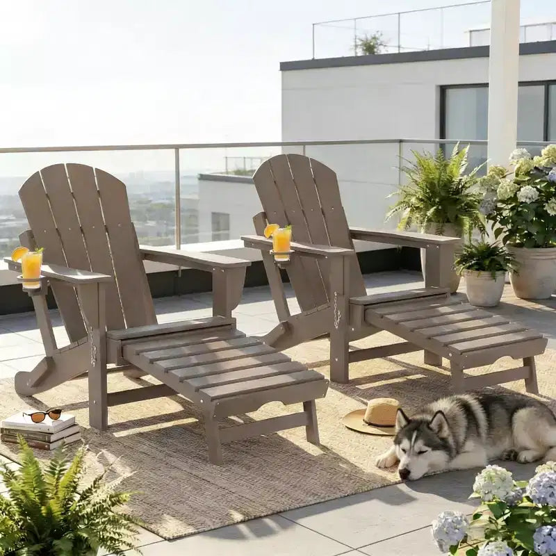 Set of 2 Folding Adirondack Fire Pit Chairs with Hidden Footrest, Oversized Comfort, Cup Holder, All-Weather HDPE Outdoor Patio Seating-Panipeachy
