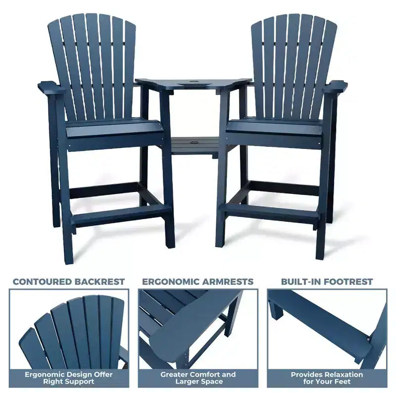 Tall Adirondack Chairs Set of 2, High Barstools with Connecting Tray & Footrest, Weather Resistant Recycled Chairs for Patio, Balcony, Garden
