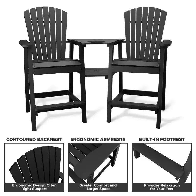 Tall Adirondack Chairs Set of 2, High Barstools with Connecting Tray & Footrest, Weather Resistant Recycled Chairs for Patio, Balcony, Garden