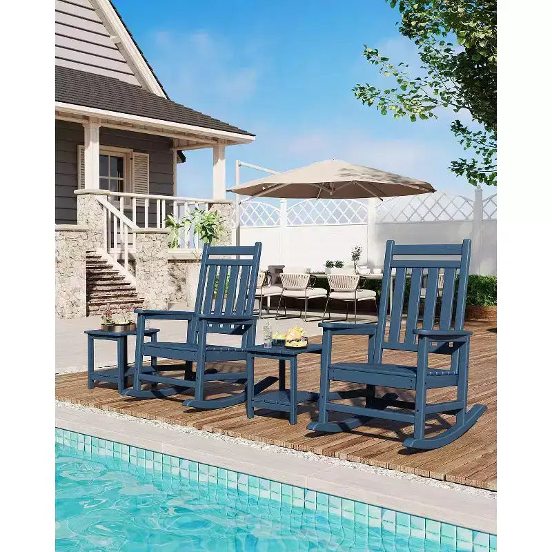 HDPE Rocking Chair Set of 2 with 1 Side Table, Adirondack Rocking Chair with High Back, All Weather Resistant Furniture Set for Porch, Garden