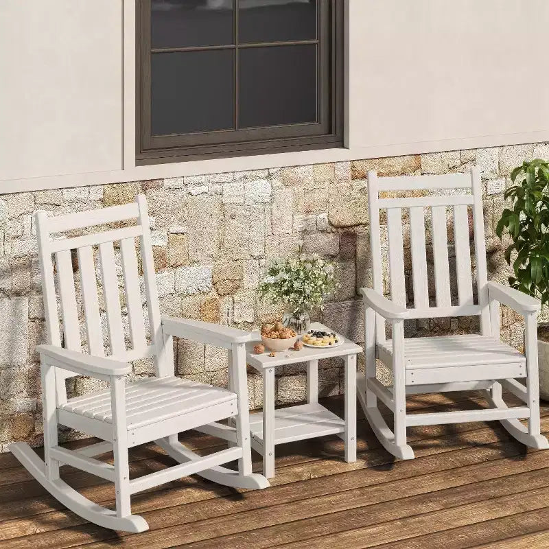 HDPE Rocking Chair Set of 2 with 1 Side Table, Adirondack Rocking Chair with High Back, All Weather Resistant Furniture Set for Porch, Garden