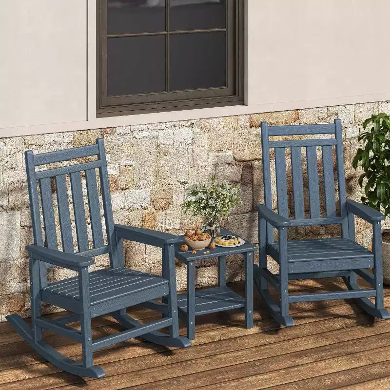 HDPE Rocking Chair Set of 2 with 1 Side Table, Adirondack Rocking Chair with High Back, All Weather Resistant Furniture Set for Porch, Garden