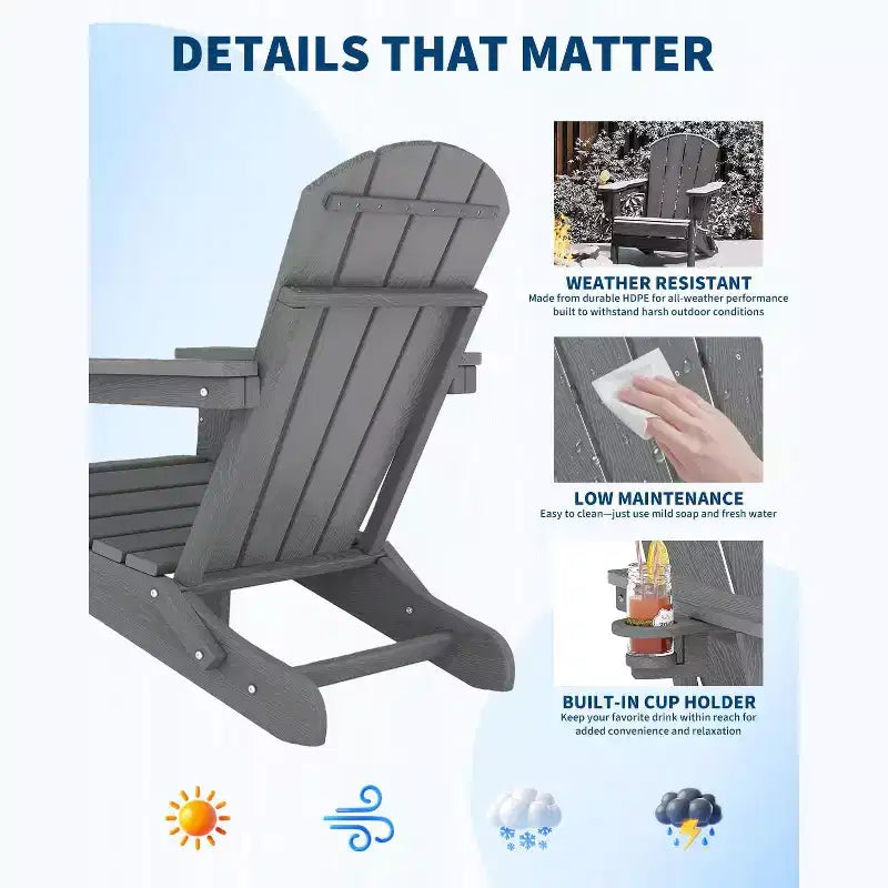 Folding Adirondack Chairs with Cup Holders - 24W x 32D x 36H All-Weather HDPE Outdoor Chairs for Patio, Deck & Garden