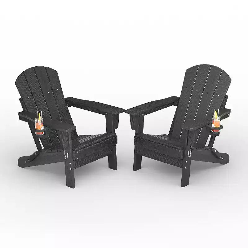 Folding Adirondack Chairs with Cup Holders - 24W x 32D x 36H All-Weather HDPE Outdoor Chairs for Patio, Deck & Garden