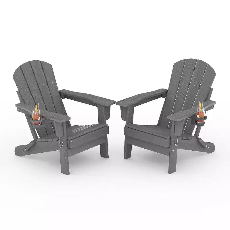 Folding Adirondack Chairs with Cup Holders - 24W x 32D x 36H All-Weather HDPE Outdoor Chairs for Patio, Deck & Garden