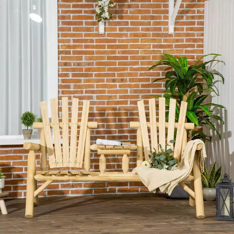 2-Seat Wooden Adirondack Chair, Patio Bench with Table, Outdoor Loveseat Fire Pit Chair for Porch, Deck