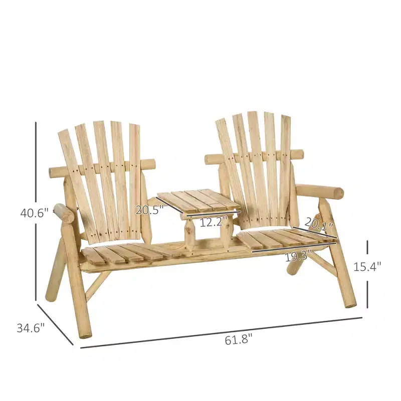 2-Seat Wooden Adirondack Chair, Patio Bench with Table, Outdoor Loveseat Fire Pit Chair for Porch, Deck