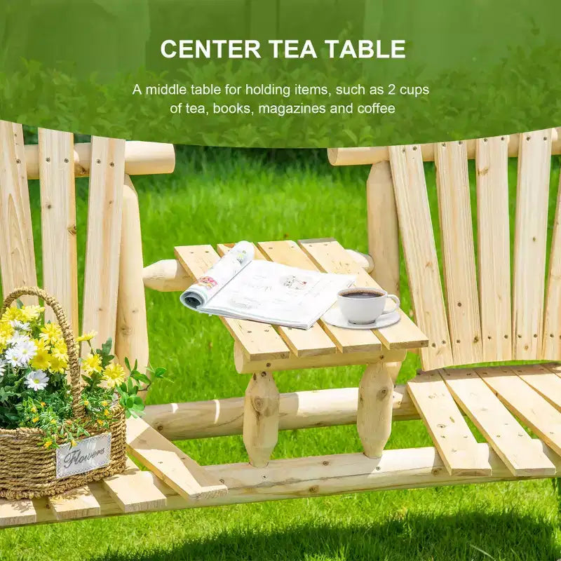 2-Seat Wooden Adirondack Chair, Patio Bench with Table, Outdoor Loveseat Fire Pit Chair for Porch, Deck