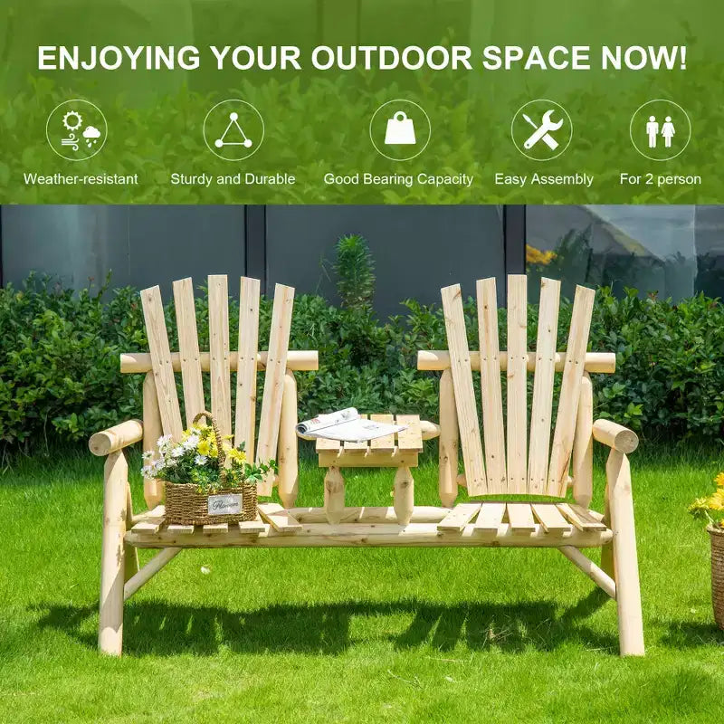 2-Seat Wooden Adirondack Chair, Patio Bench with Table, Outdoor Loveseat Fire Pit Chair for Porch, Deck