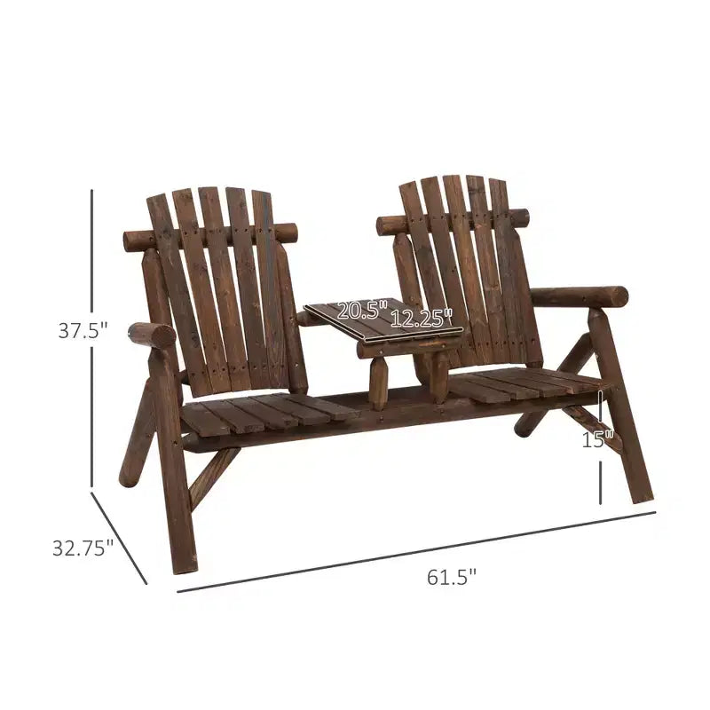 2-Seat Wooden Adirondack Chair, Patio Bench with Table, Outdoor Loveseat Fire Pit Chair for Porch, Deck