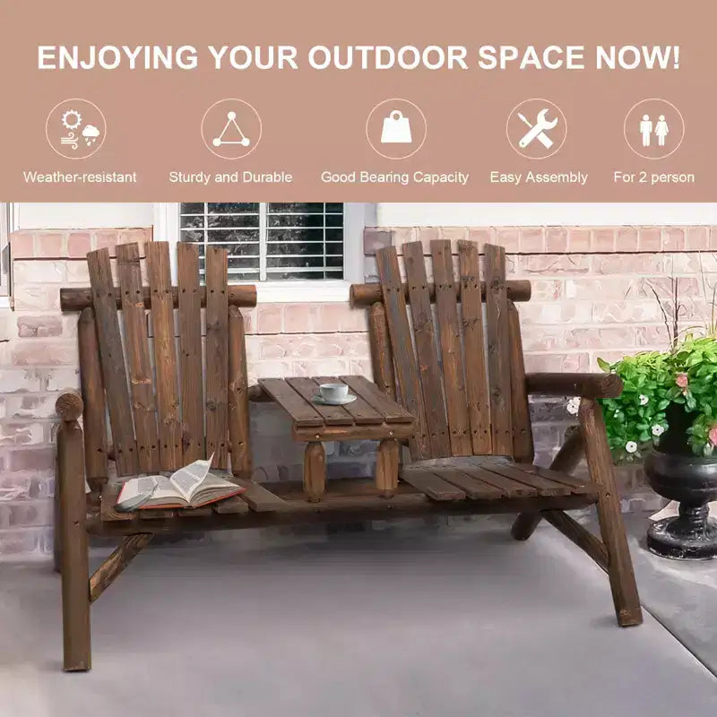 2-Seat Wooden Adirondack Chair, Patio Bench with Table, Outdoor Loveseat Fire Pit Chair for Porch, Deck
