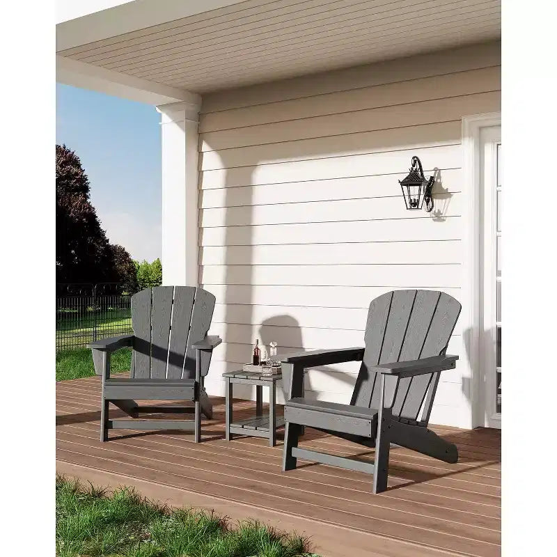 Set of 2 HDPE Folding Adirondack Patio Chairs with End Table, All Weather Outdoor Furniture for Backyard, Balcony, Poolside, Lawn, Fire Pit, Gray