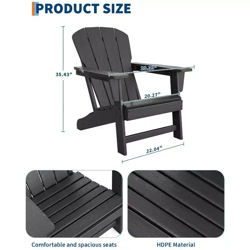 Set of 2 HDPE Folding Adirondack Patio Chairs with End Table, All Weather Outdoor Furniture for Backyard, Balcony, Poolside, Lawn, Fire Pit, Gray