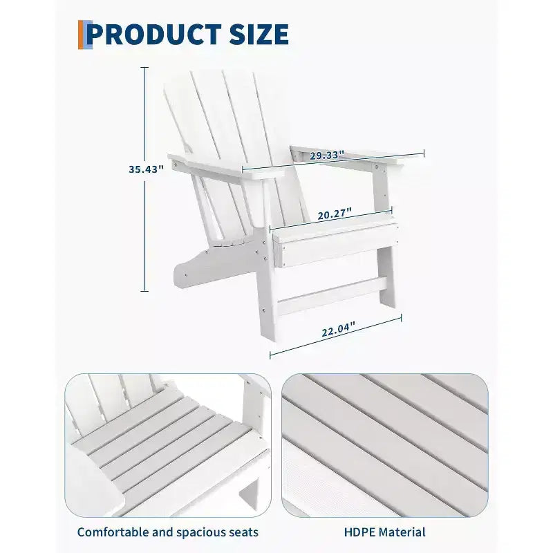 Set of 2 HDPE Folding Adirondack Patio Chairs with End Table, All Weather Outdoor Furniture for Backyard, Balcony, Poolside, Lawn, Fire Pit, Gray
