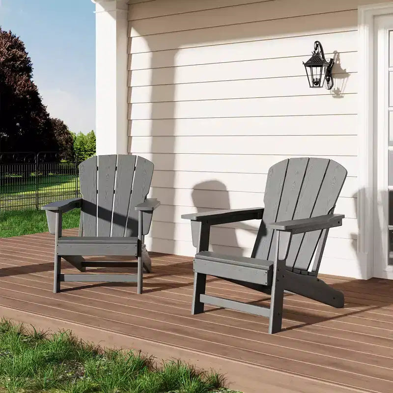 Set of 2 HDPE Folding Adirondack Patio Chairs with End Table, All Weather Outdoor Furniture for Backyard, Balcony, Poolside, Lawn, Fire Pit, Gray