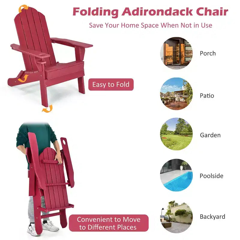 Costway Folding Patio Adirondack Chair Weather Resistant Cup Holder Yard Red