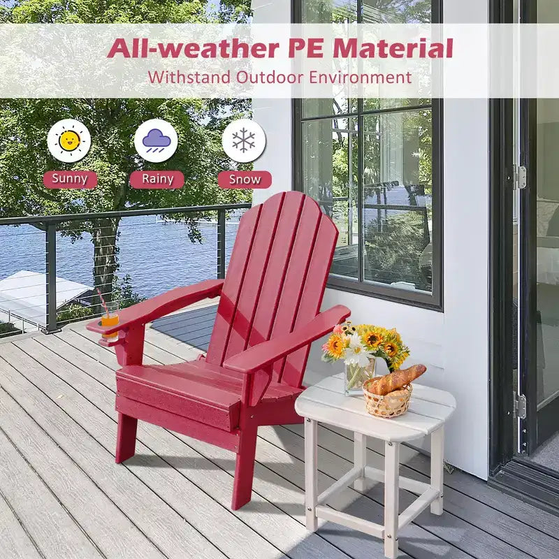 Costway Folding Patio Adirondack Chair Weather Resistant Cup Holder Yard Red