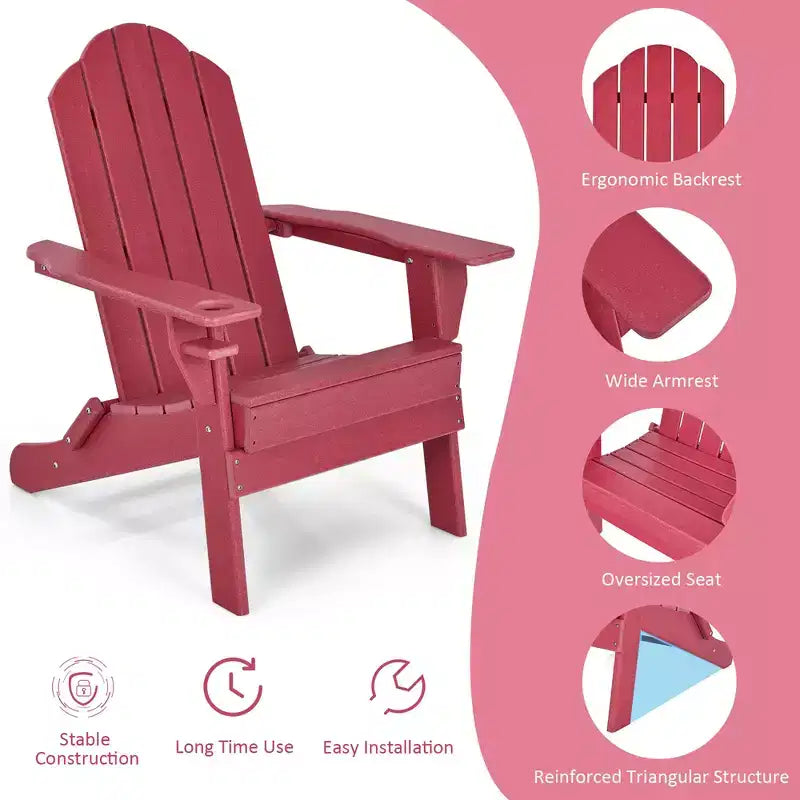 Costway Folding Patio Adirondack Chair Weather Resistant Cup Holder Yard Red