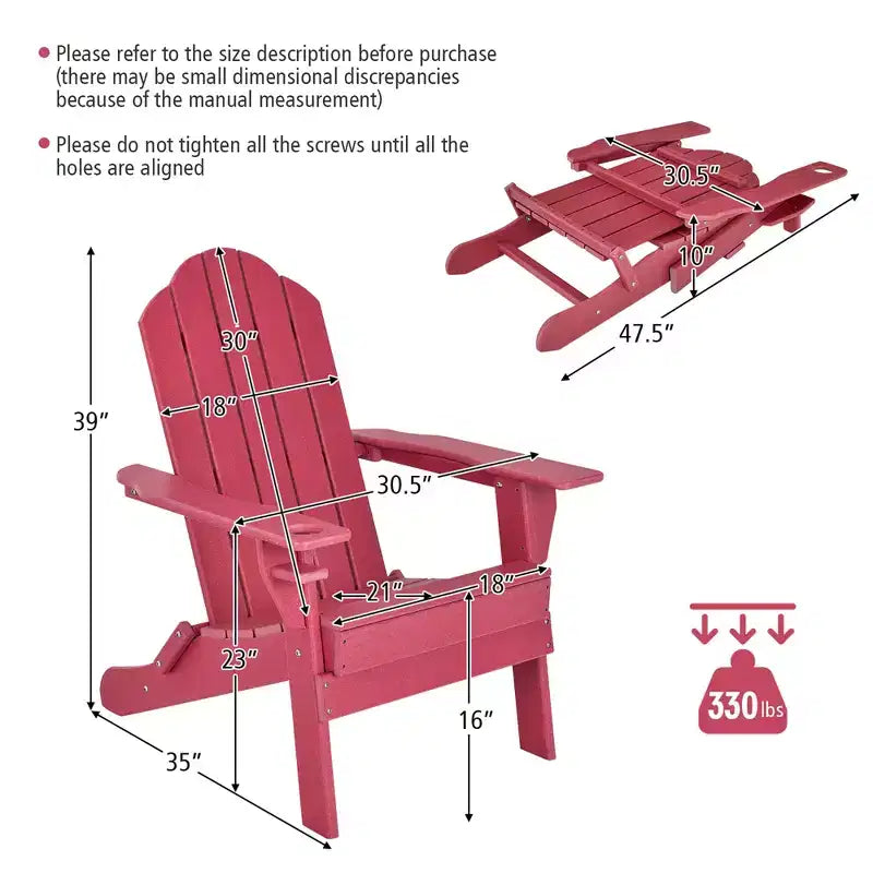 Costway Folding Patio Adirondack Chair Weather Resistant Cup Holder Yard Red
