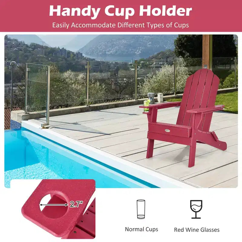 Costway 2PCS Patio Folding Adirondack Chair Weather Resistant Cup Holder Yard Red