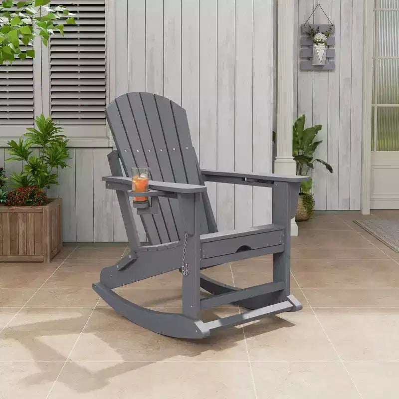 Folding Adirondack Outdoor Patio Rocking Chair, All-Weather Heavy Duty HDPE Lounger with Retractable Cup Holders & Ottoman for Garden