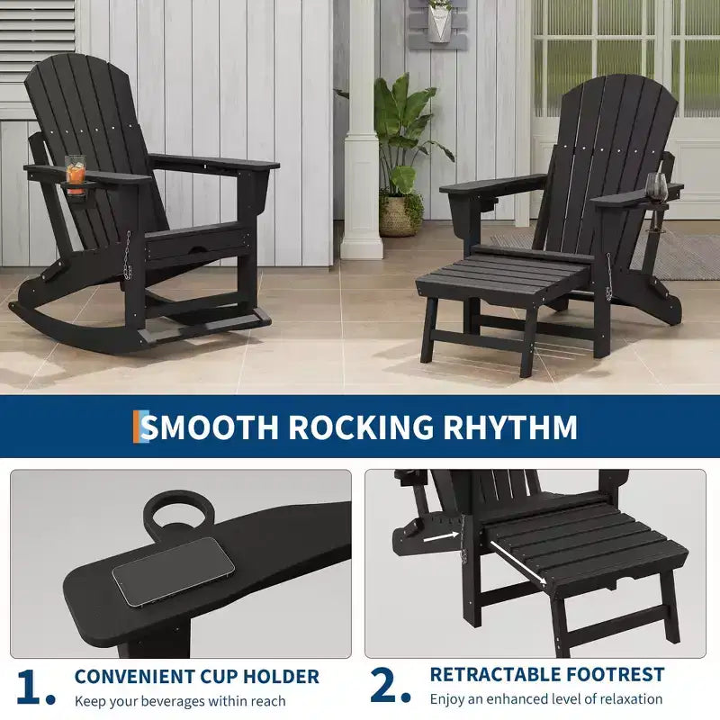 Folding Adirondack Outdoor Patio Rocking Chair, All-Weather Heavy Duty HDPE Lounger with Retractable Cup Holders & Ottoman for Garden