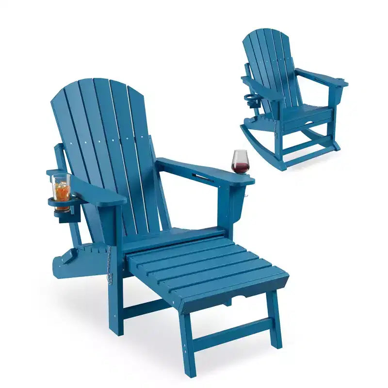 Folding Adirondack Outdoor Patio Rocking Chair, All-Weather Heavy Duty HDPE Lounger with Retractable Cup Holders & Ottoman for Garden