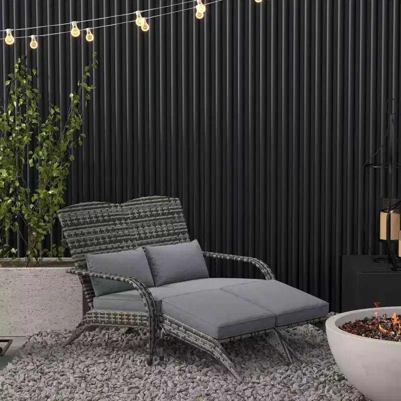 Wicker Adirondack Chair for 2 with Cushions & Footrests, PE Rattan Double Chaise Lounge Chair, Fire Pit Chair for Porch with Wide Armrests, High-back