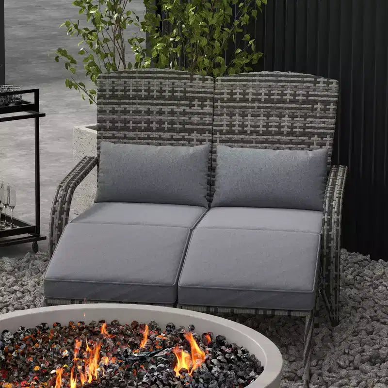 Wicker Adirondack Chair for 2 with Cushions & Footrests, PE Rattan Double Chaise Lounge Chair, Fire Pit Chair for Porch with Wide Armrests, High-back