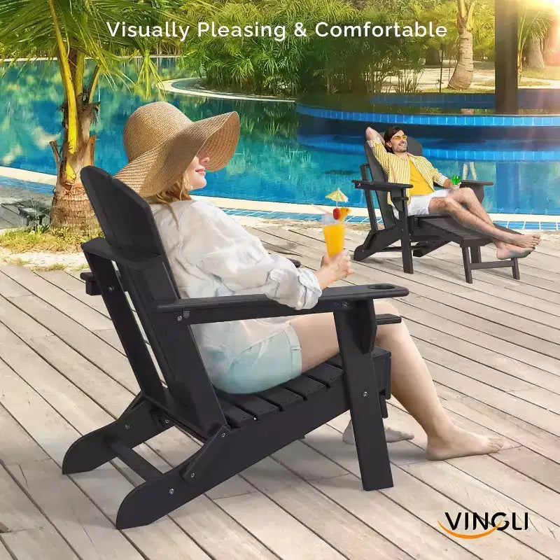 VINGLI Ensemble de 2 chaises Adirondack pliantes étanches avec repose-pieds cachés et ottoman, pour l'extérieur, assise ergonomique pliable