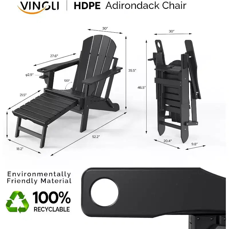 VINGLI Ensemble de 2 chaises Adirondack pliantes étanches avec repose-pieds cachés et ottoman, pour l'extérieur, assise ergonomique pliable