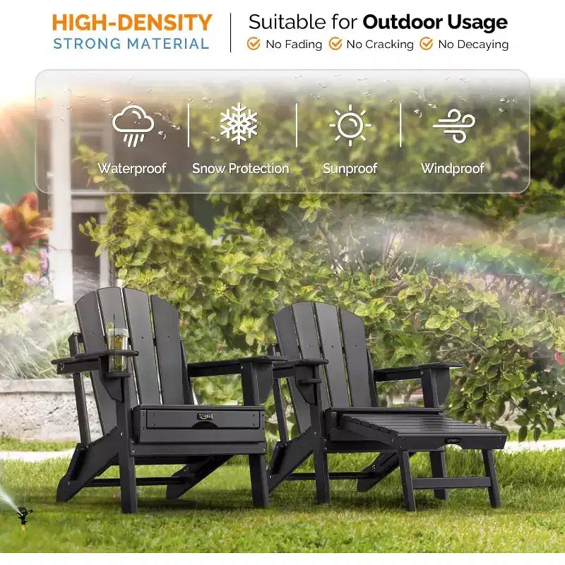 VINGLI Ensemble de 2 chaises Adirondack pliantes étanches avec repose-pieds cachés et ottoman, pour l'extérieur, assise ergonomique pliable