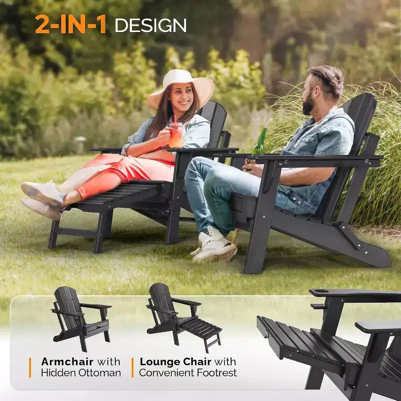 VINGLI Ensemble de 2 chaises Adirondack pliantes étanches avec repose-pieds cachés et ottoman, pour l'extérieur, assise ergonomique pliable