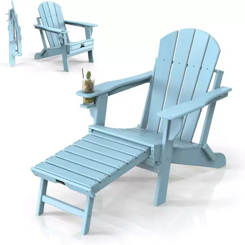 VINGLI Waterproof Folding Adirondack Chair set of 2 with Ottoman, for Outside with Hidden Footrests, Foldable Ergonomics Seating