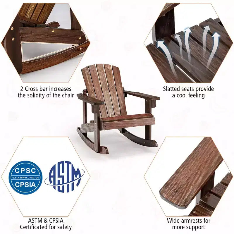Costway Kid Adirondack Rocking Chair Outdoor Solid Wood Slatted seat Backrest