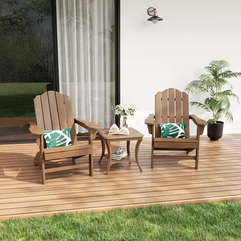 2-Pack Wood Grain Folding Adirondack Chairs, Weather-Resistant Plastic Outdoor Patio Chairs with Cup Holder & Wide Armrests, Ideal Lawn Chairs