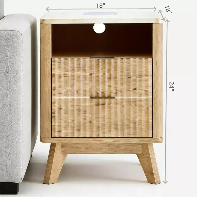 Modern Nightstand with Charging Station. Fluted Bedside Table with Storage. Modern Side End Table with Wood Legs for Bedroom. Dorm