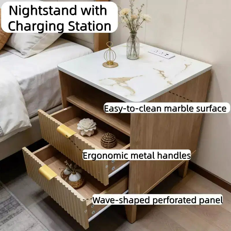 Modern Nightstand with Charging Station. Fluted Bedside Table with Storage. Modern Side End Table with Wood Legs for Bedroom. Dorm