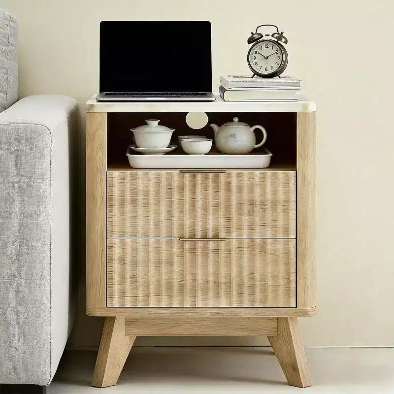 Modern Nightstand with Charging Station. Fluted Bedside Table with Storage. Modern Side End Table with Wood Legs for Bedroom. Dorm