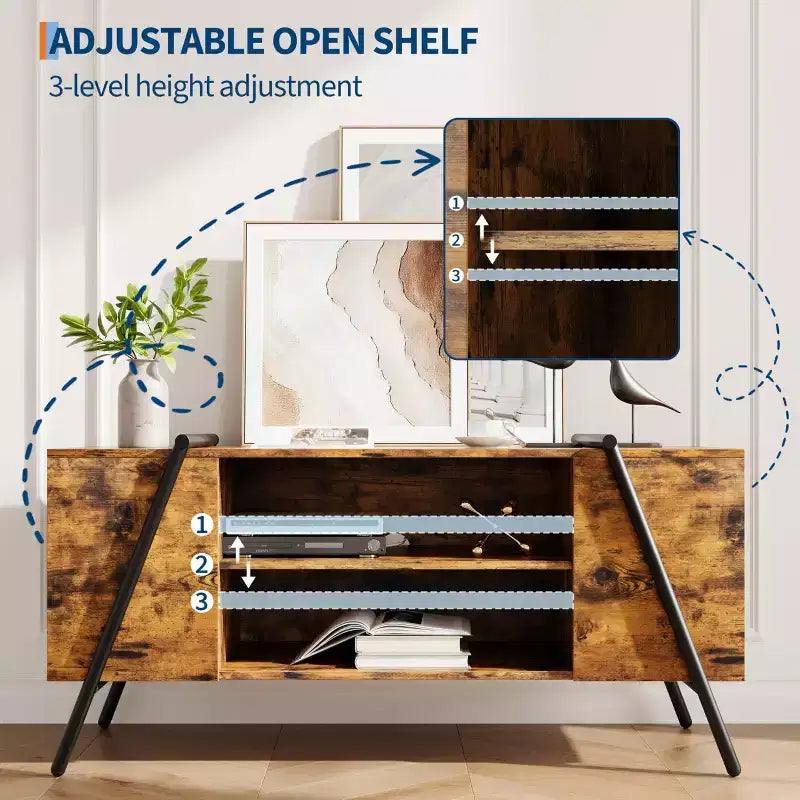 Modern Farmhouse TV Stand for 50-70 TVs  Wood Entertainment Center with Adjustable Open Shelves, U-Shaped Metal Legs  for Living Room, Bedroom