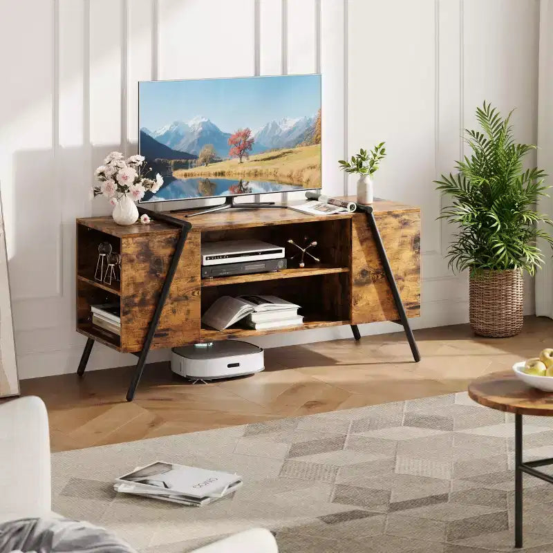 Modern Farmhouse TV Stand for 50-70 TVs  Wood Entertainment Center with Adjustable Open Shelves, U-Shaped Metal Legs  for Living Room, Bedroom