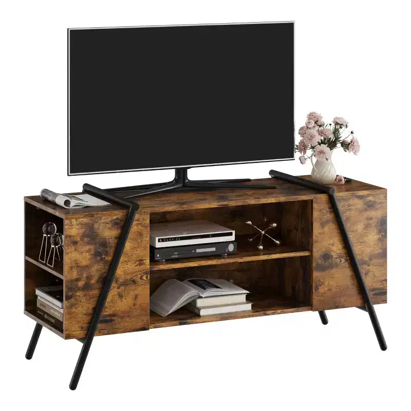 Modern Farmhouse TV Stand for 50-70 TVs  Wood Entertainment Center with Adjustable Open Shelves, U-Shaped Metal Legs  for Living Room, Bedroom