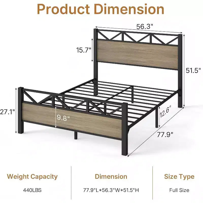 Zevemomo Full Size Heavy Duty Metal Brown Bed Frame with Headboard Footboard, Under Bed Storage, 440LBS Weight Capacity