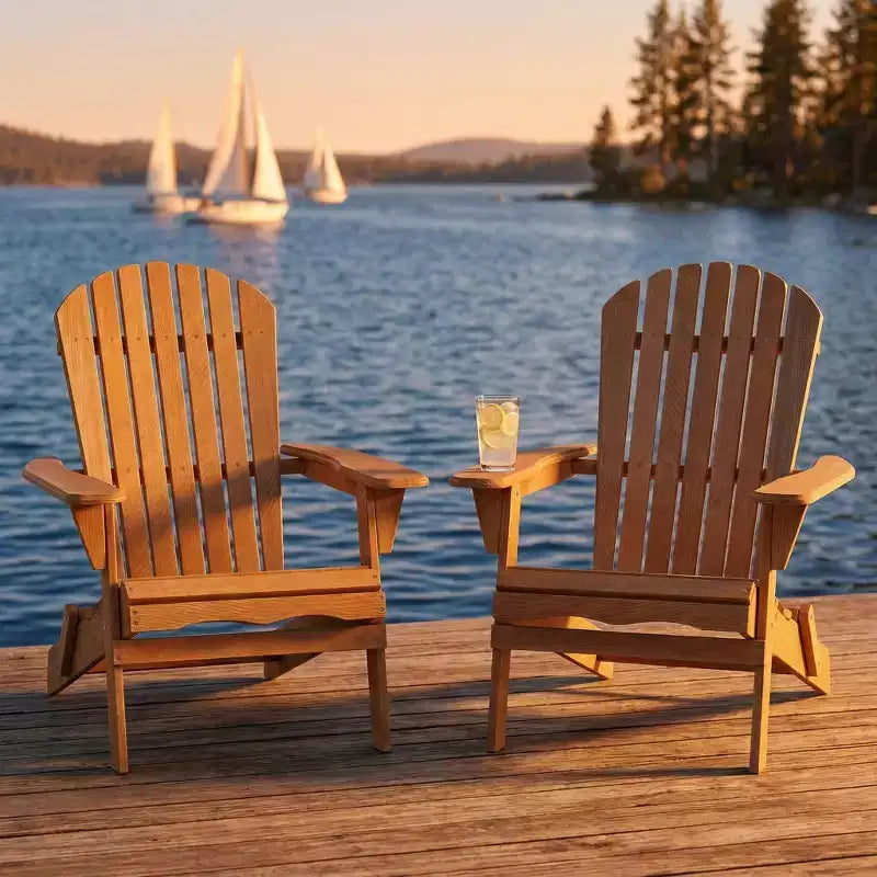 Set of 2 Wooden Folding Adirondack Chairs with Pre-Assembled Backrest, Hemlock Wood, Foldable Design for Garden or Backyard